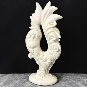Vintage Arnel's Iridescent Pearl White Ceramic Rooster Figurine 12" Lusterware